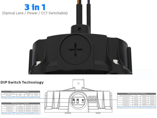 200W 150LPW HB5 3 in 1 DIP anahtarlanabilir optik lens (60°/90°/110°), güç (100%-80%-60%), 3 CCT isteğe bağlı