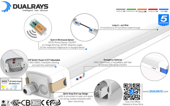5ft/60W D5 LED Nem Geçirmez Işık, DIP Anahtarlı Güç/3CCT ve 1-10V, DALI, Hareket sensörü, Gün Işığı sensörü, Zigbee ve Acil Durum fonksiyonu