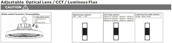 Endüstriyel Kullanım için Çoklu Işık Açısı Seçeneklerine Sahip, Güç ve Renk Sıcaklığı için DIP Anahtarlı Ayarlara Sahip LED Yüksek Tavan Işığı