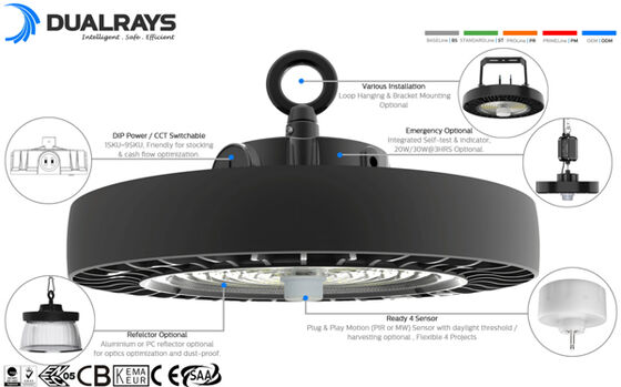 6500K Depo 50W 60W 80W 190LPW PC Lens IP65 IK08 7 Yıl Garanti Endüstriyel DUALRAYS LIGHTING HB4H UFO LED Yüksek Tavan Lambası